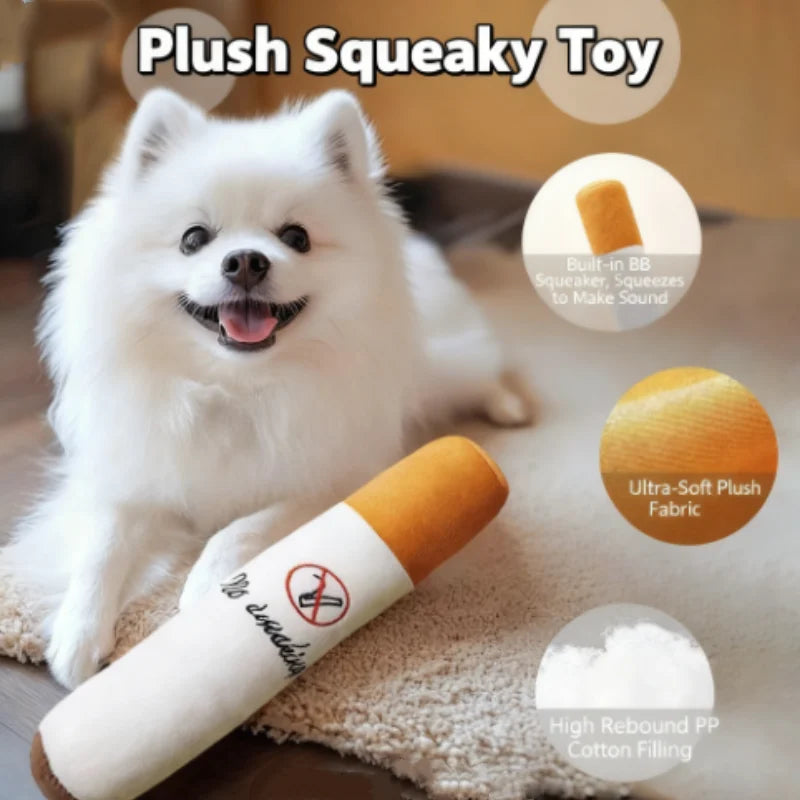 PuffPaws Squeaky Cigar Toy – Plush Dog Chew Toy | Durable Bite-Resistant Squeaker | Interactive Novelty Dog Toy