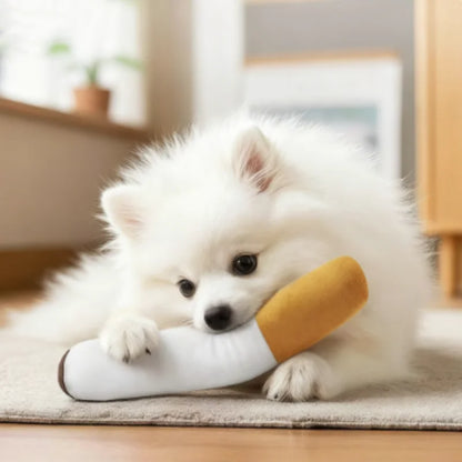PuffPaws Squeaky Cigar Toy – Plush Dog Chew Toy | Durable Bite-Resistant Squeaker | Interactive Novelty Dog Toy