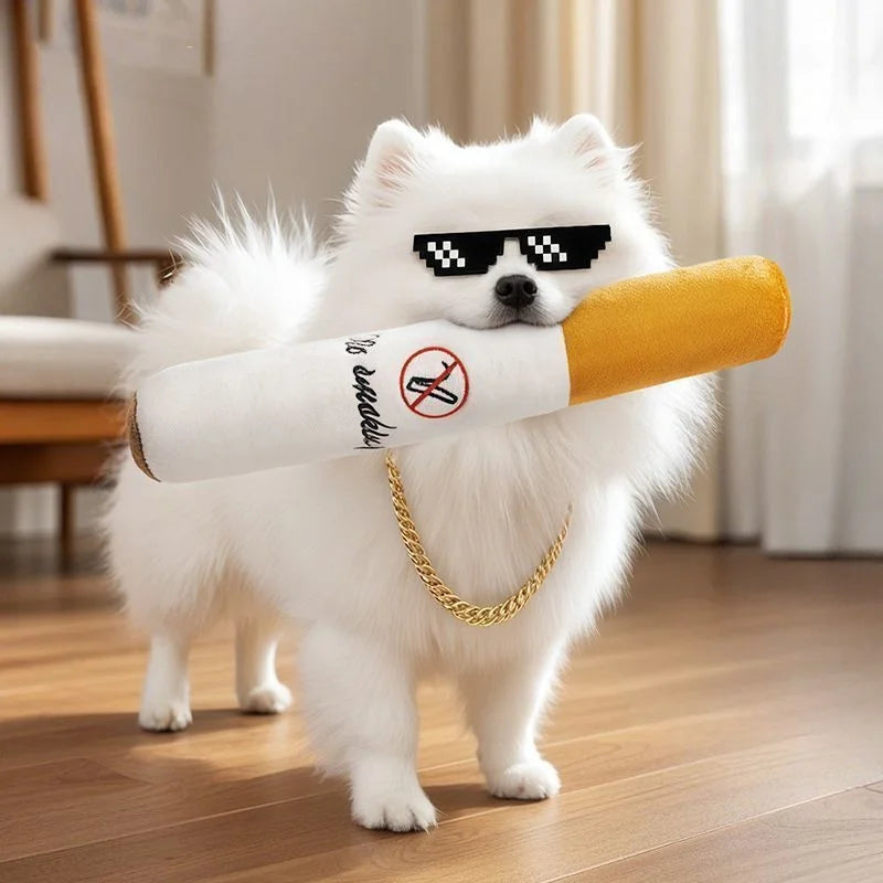 PuffPaws Squeaky Cigar Toy – Plush Dog Chew Toy | Durable Bite-Resistant Squeaker | Interactive Novelty Dog Toy
