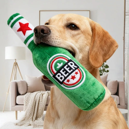 BarkBrew Squeaky Beer Bottle Toy – Plush Dog Chew Toy | Interactive Squeaker | Durable Bite-Resistant Play Toy