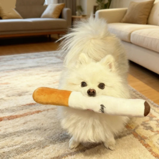 PuffPaws Squeaky Cigar Toy – Plush Dog Chew Toy | Durable Bite-Resistant Squeaker | Interactive Novelty Dog Toy